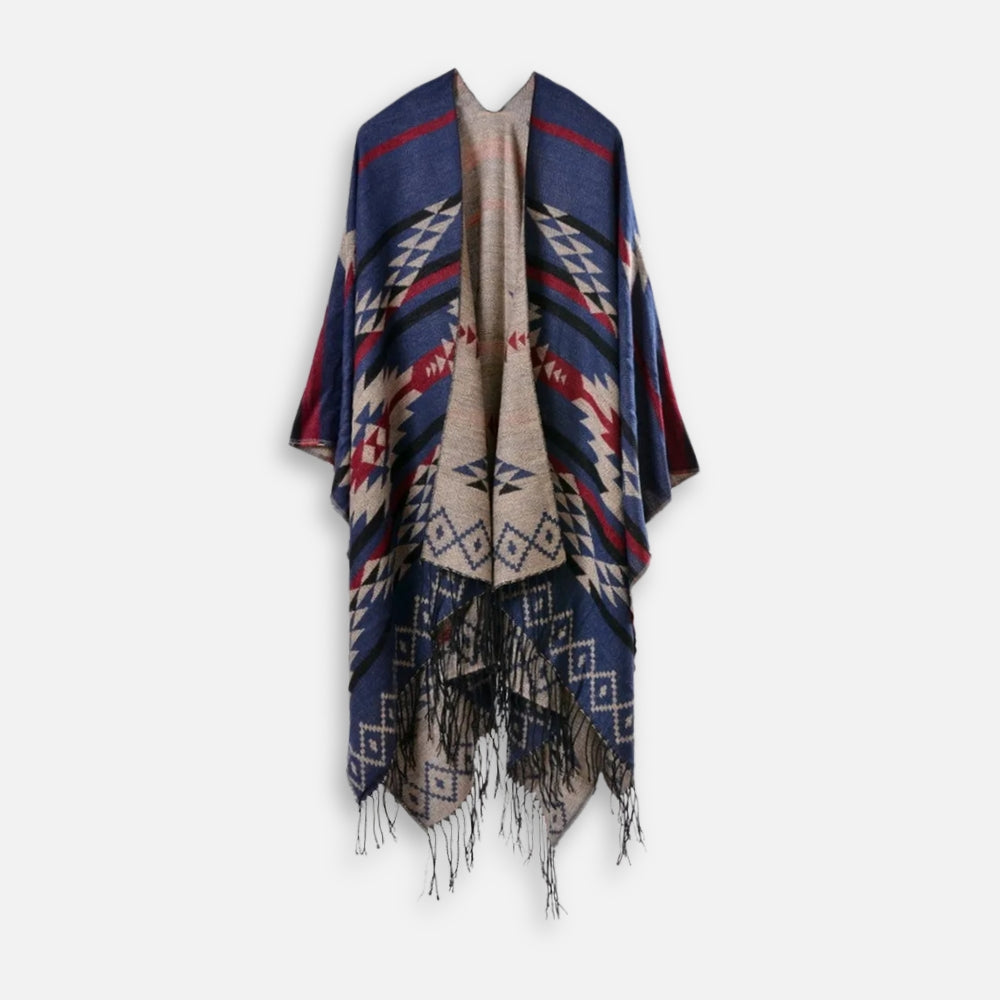 Poncho Bleu Marine Motifs Mexicains vue 2 - Bracksley