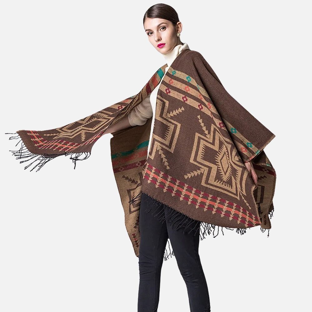 Poncho Marron Motif Croix Mexicaine - Bracksley
