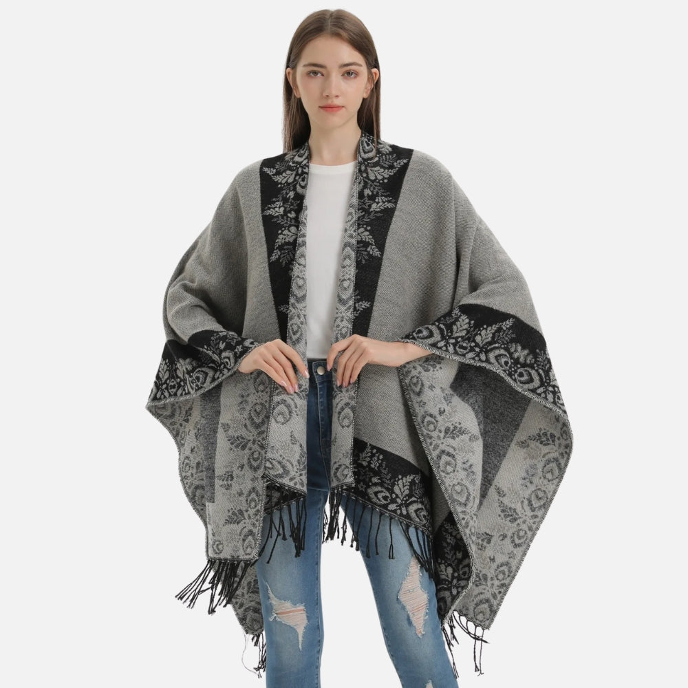 Cape Poncho Ã  Franges Motifs Floraux - Bracksley