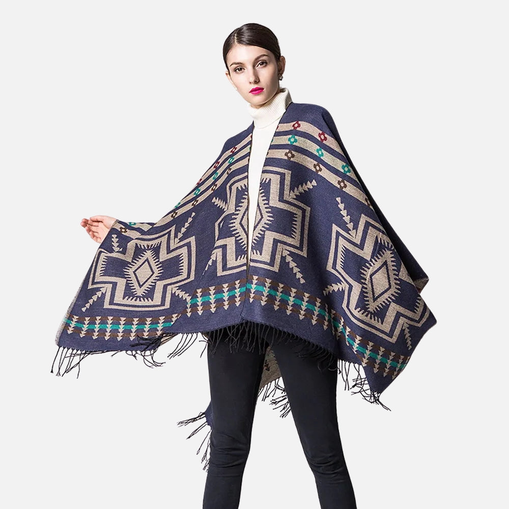 Poncho Bleu Marine Motifs Croix Mexicaine - Bracksley