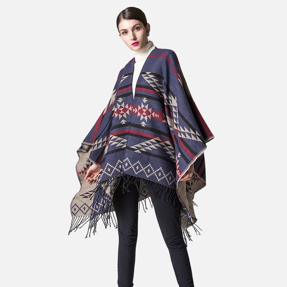Poncho Bleu Marine Motifs Mexicains - Bracksley