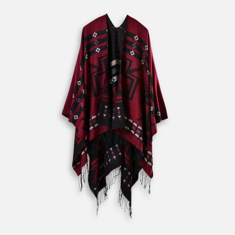Poncho Rouge Motifs Croix Mexicaine - Bracksley