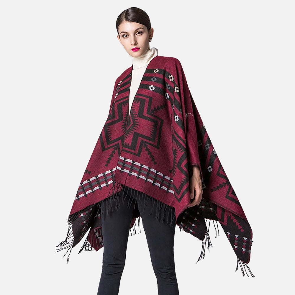 Poncho Rouge Motifs Croix Mexicaine vue 2 - Bracksley