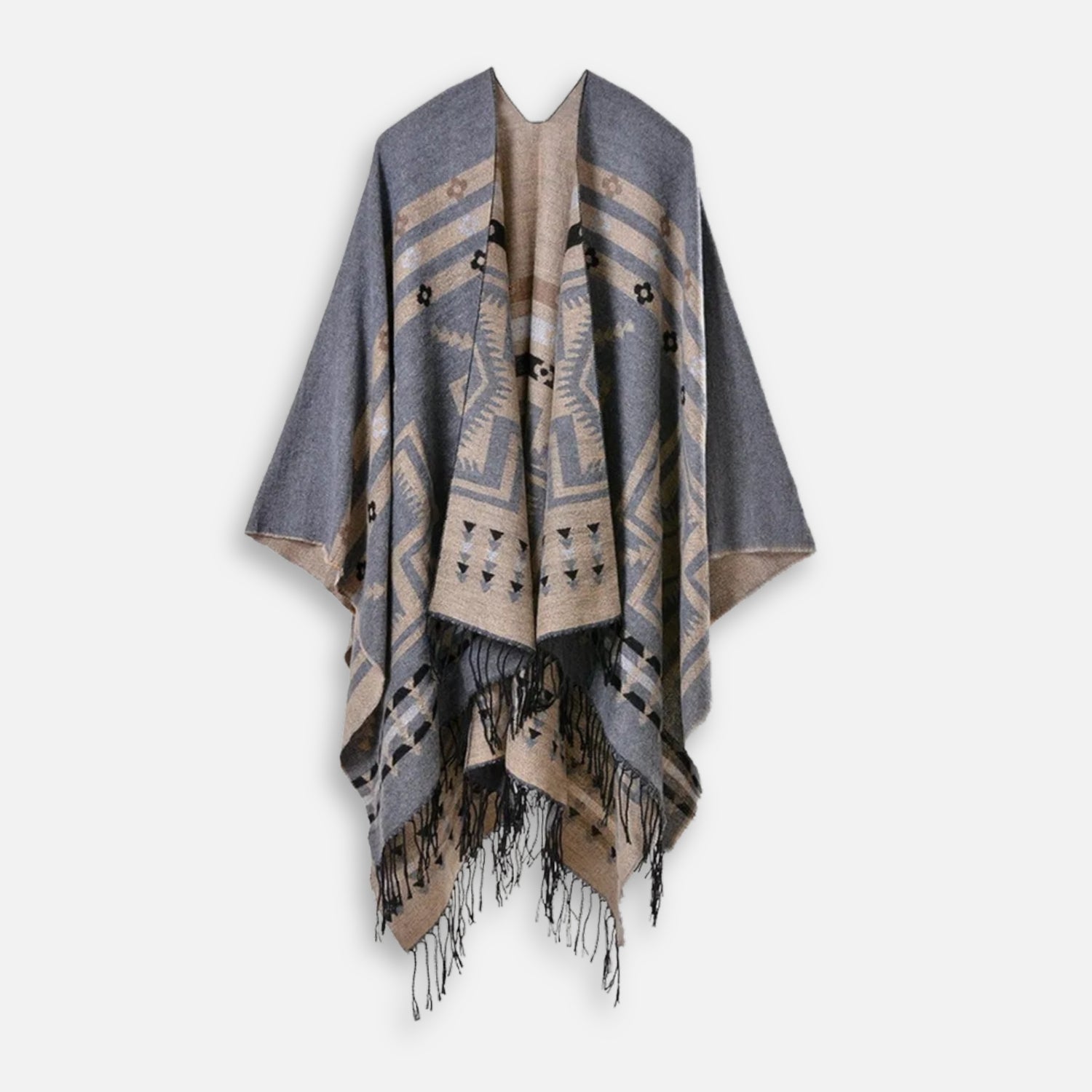 Poncho Gris Motifs Croix Mexicaine vue 2 - Bracksley