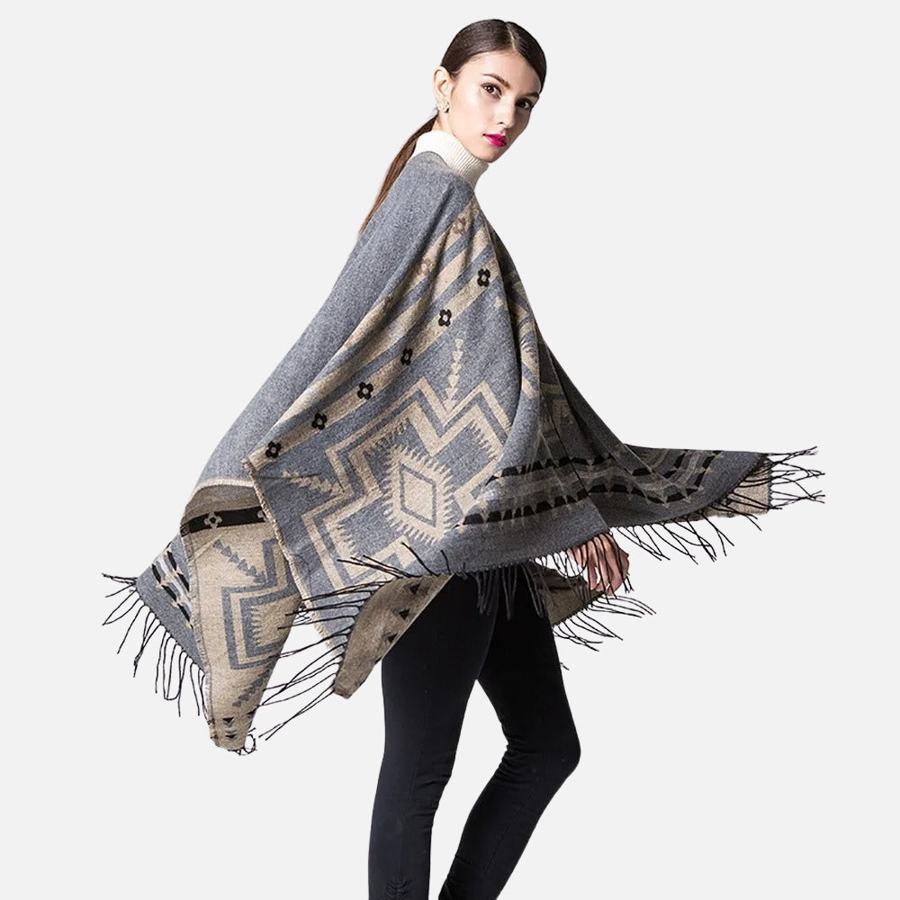 Poncho Gris Motifs Croix Mexicaine - Bracksley