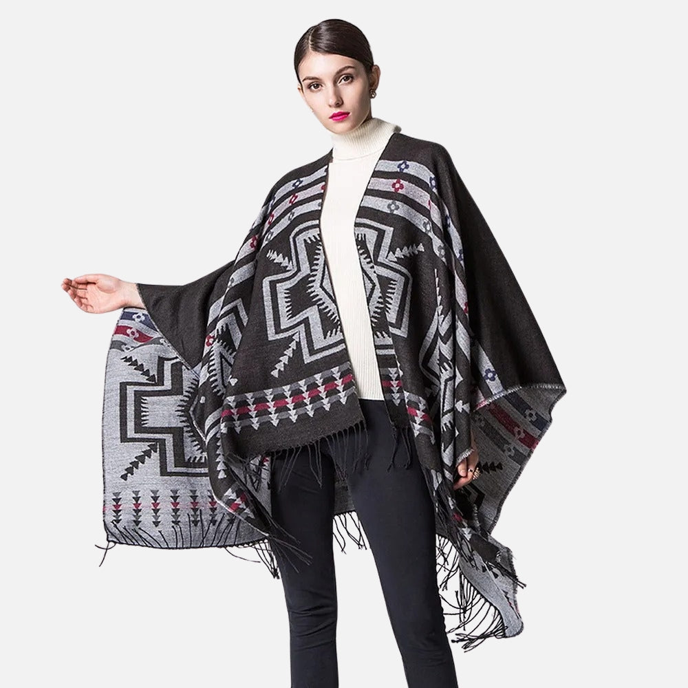 Poncho Noir Motifs Croix Mexicaine - Bracksley